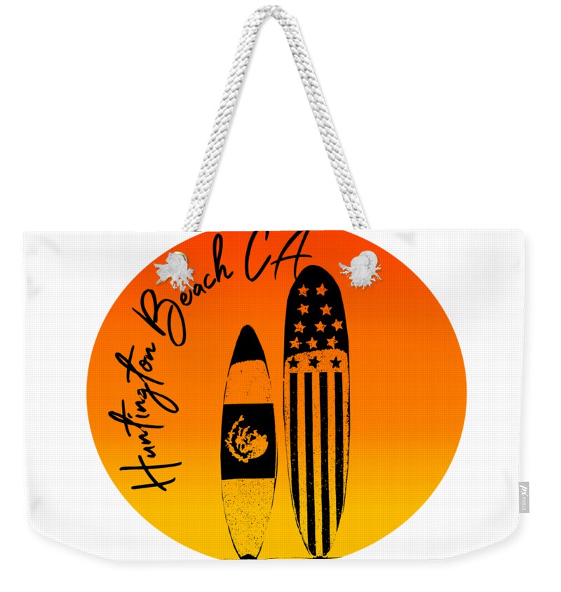 Huntington Beach Weekender Tote Bag featuring the digital art Huntington Beach Surfboards and Sunsets by Colleen Cornelius