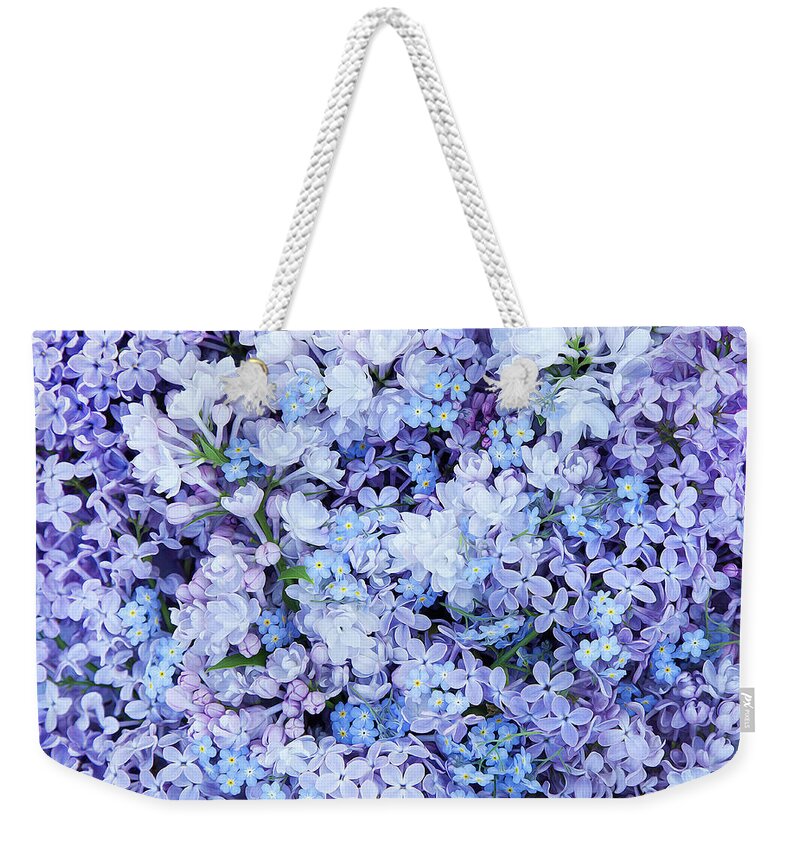 Face Mask Weekender Tote Bag featuring the photograph Lilacs And Forget Me Nots by Theresa Tahara