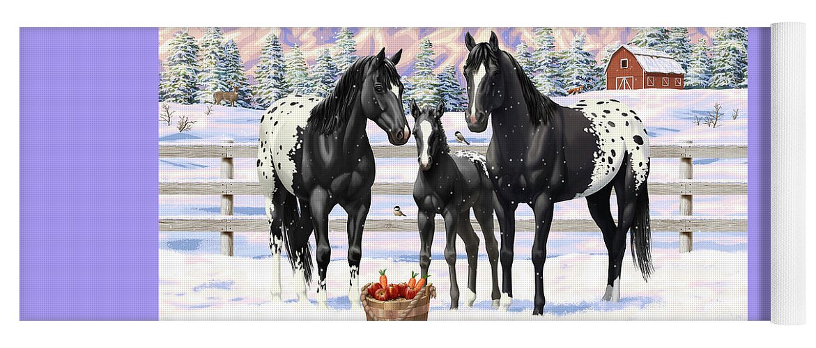 Horses Yoga Mat featuring the painting Black Appaloosa Horses In Snow by Crista Forest