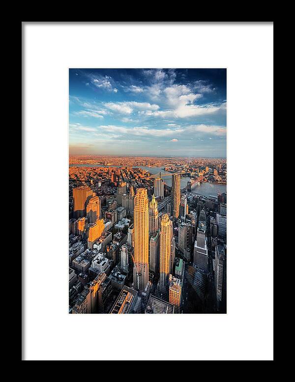 Estock Framed Print featuring the digital art Nyc, East River, Lower Manhattan, 1 World Trade Center, Freedom Tower, View From The Freedom Tower Observatory Deck, 1 World Observatory, Beekman Tower, Chase Manhattan, Trump Building, Brooklyn & Manhattan Bridges by Antonino Bartuccio