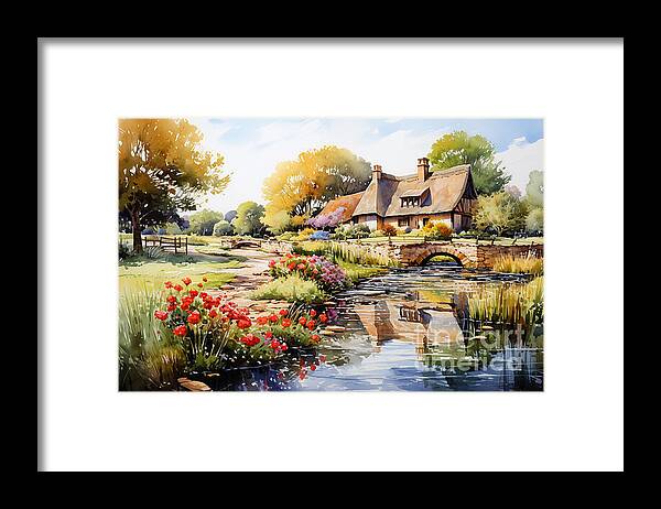 Cottage Framed Print featuring the painting 4d watercolour sketch of a thatched Cotswolds by Asar Studios #1 by Celestial Images