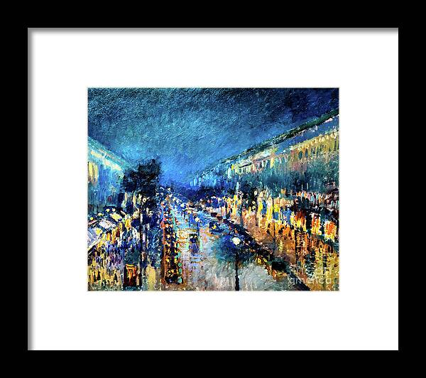 Boulevard Framed Print featuring the painting The Boulevard Montmartre at Night by Camille Pissarro 1897 by Camille Pissarro