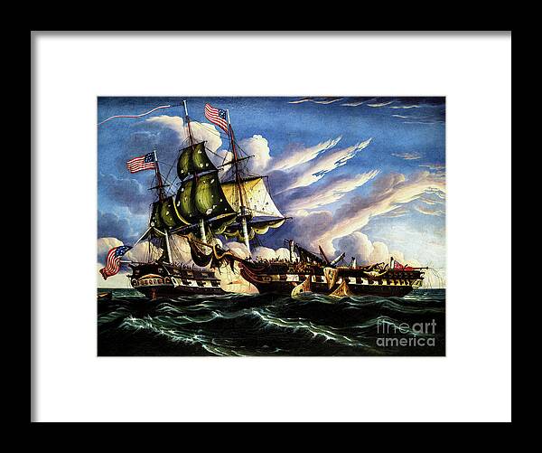 Warship Framed Print featuring the painting The Constitution and the Guerriere by Thomas Chambers 1845 by Thomas Chambers