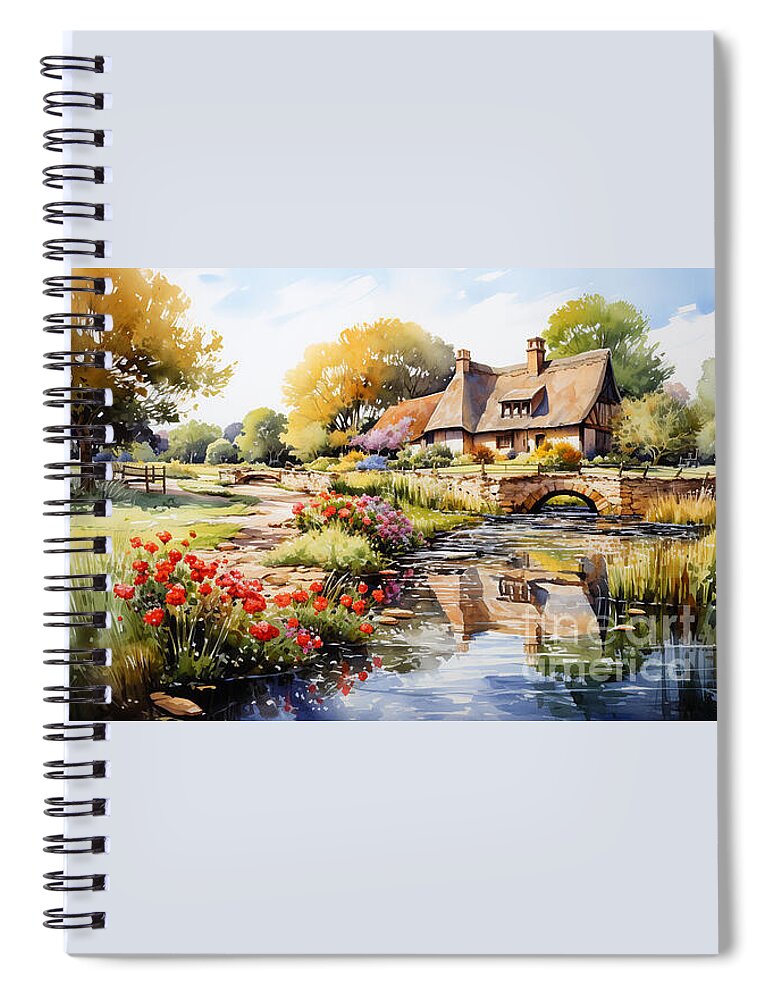 Cottage Spiral Notebook featuring the painting 4d watercolour sketch of a thatched Cotswolds by Asar Studios #1 by Celestial Images