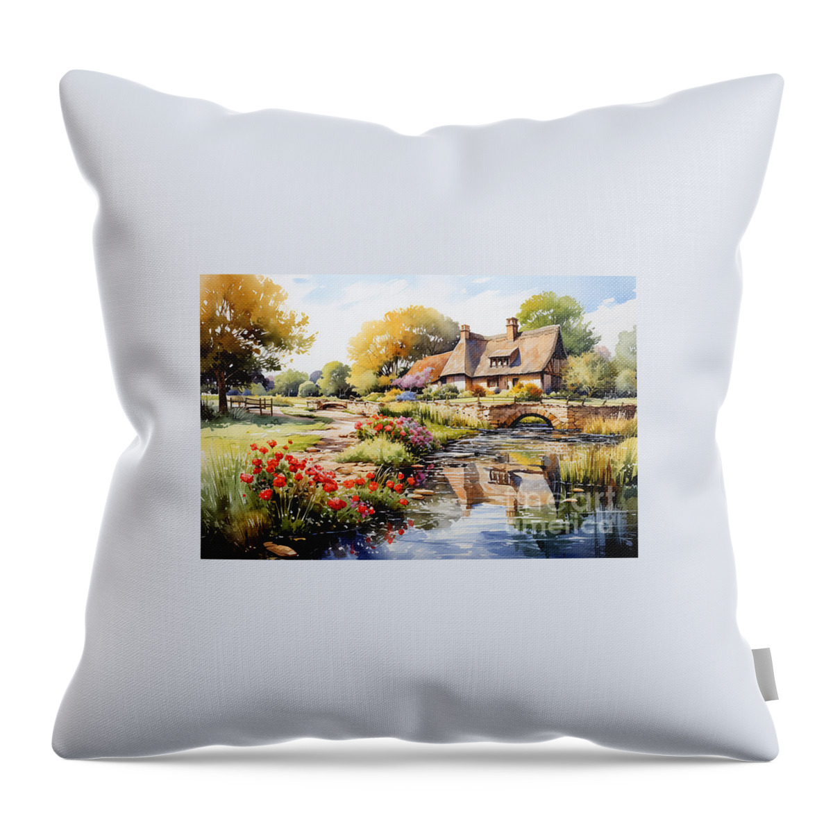 Cottage Throw Pillow featuring the painting 4d watercolour sketch of a thatched Cotswolds by Asar Studios #1 by Celestial Images