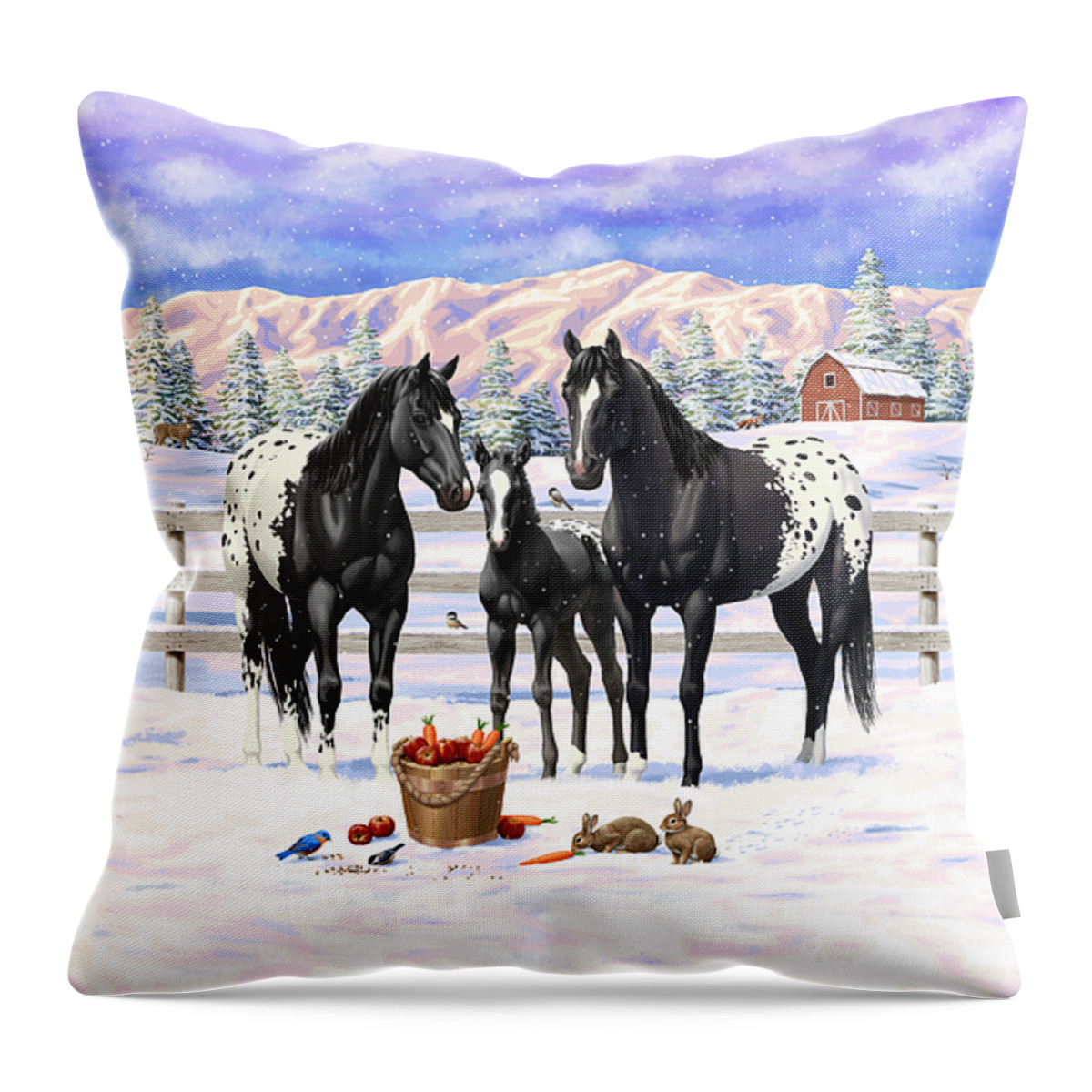Horses Throw Pillow featuring the painting Black Appaloosa Horses In Snow by Crista Forest