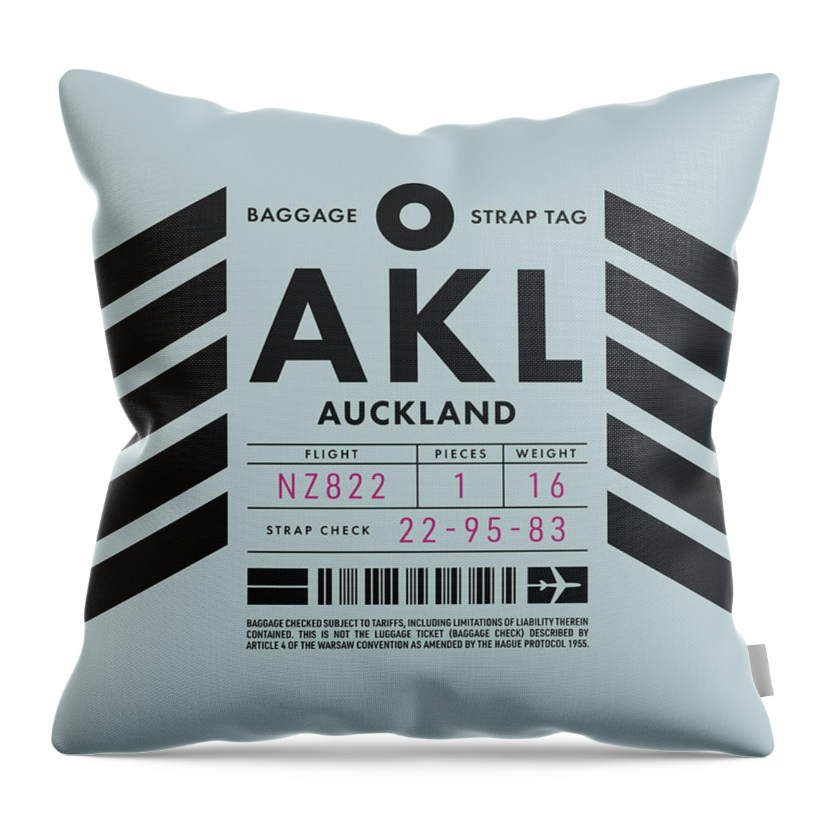 Airline Throw Pillow featuring the digital art Baggage Tag D - AKL Auckland New Zealand by Organic Synthesis