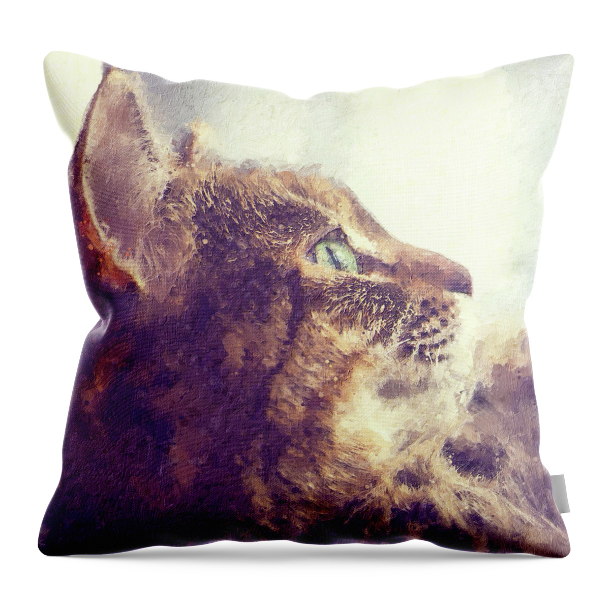 Tabby Throw Pillow featuring the painting Happy tabby cat basking in the sun by Custom Pet Portrait Art Studio