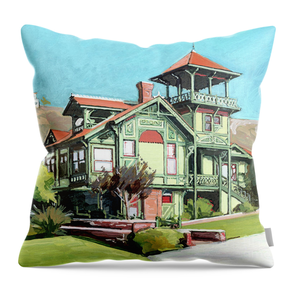 Victorian Throw Pillow featuring the painting Sherman-Gilbert House Heritage Park Old Town San Diego California by Paul Strahm