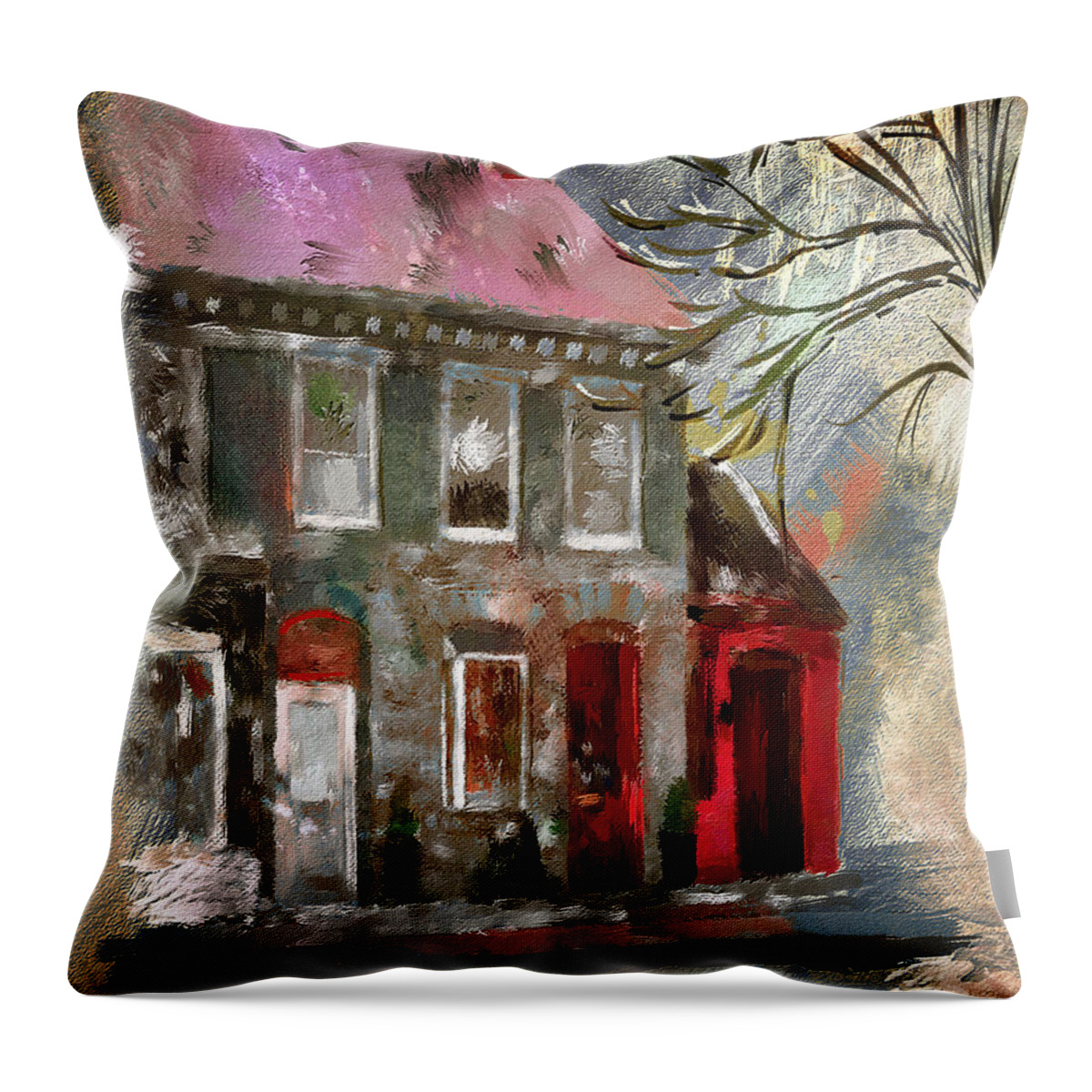 Architecture Throw Pillow featuring the digital art Small Town Shops by Lois Bryan
