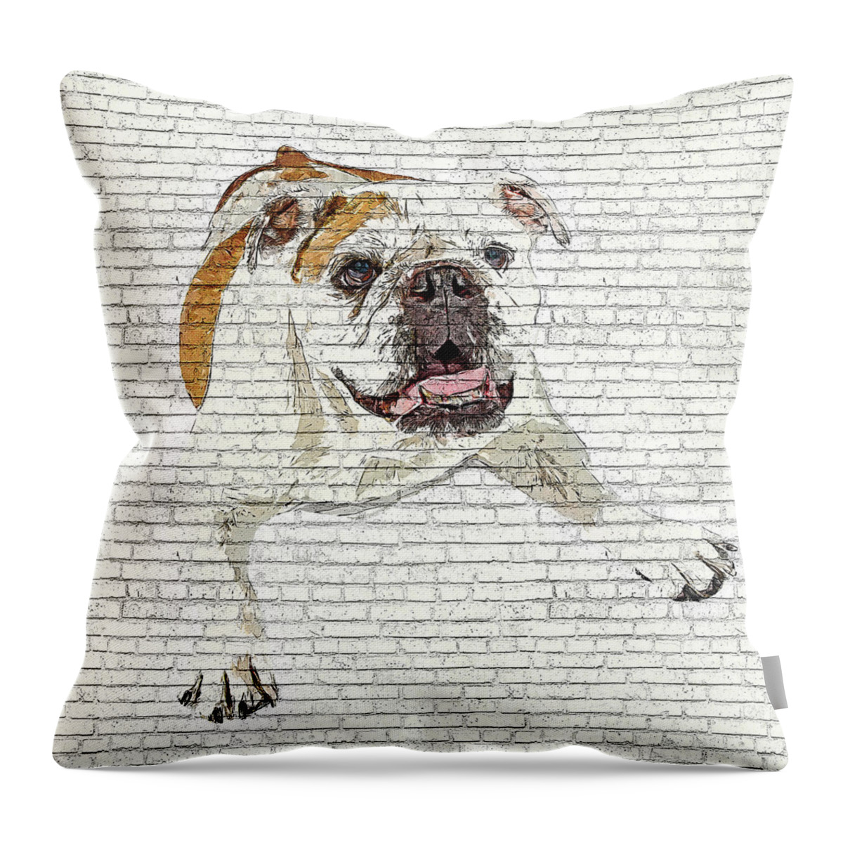 Bulldog Throw Pillow featuring the painting So Awkwardly Cute, Bulldog - Brick Block Background by Custom Pet Portrait Art Studio