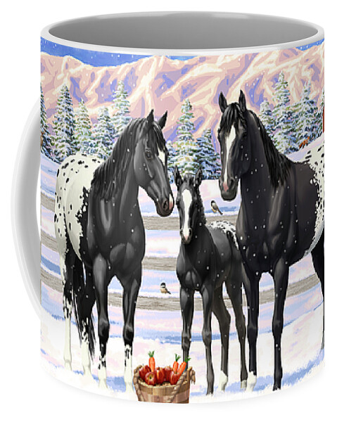 Horses Coffee Mug featuring the painting Black Appaloosa Horses In Snow by Crista Forest