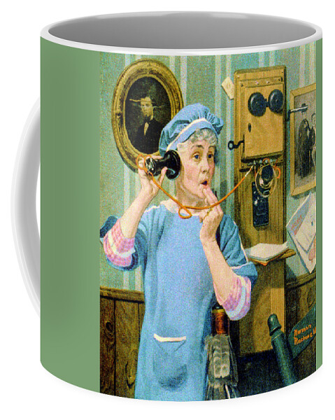 Old Woman Coffee Mug featuring the painting The Party Wire by Norman Rockwell