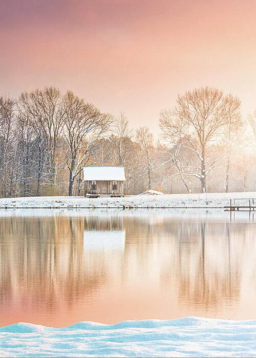 Shack Greeting Card featuring the photograph Cabin By The Lake In Winter by Jordan Hill