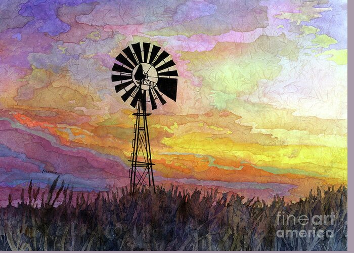 Windmill Greeting Card featuring the painting Windmill Sunset 5 - pastel colors by Hailey E Herrera