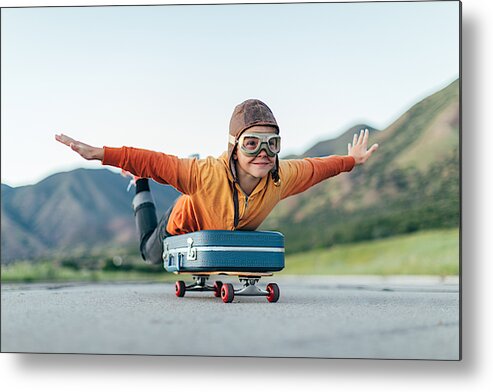 Taking Off Metal Print featuring the photograph Young Boy Ready to Travel with Suitcase by RichVintage
