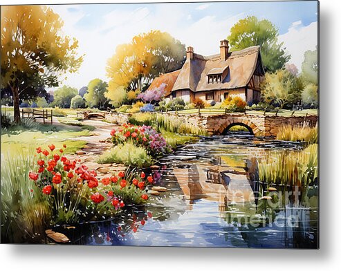 Cottage Metal Print featuring the painting 4d watercolour sketch of a thatched Cotswolds by Asar Studios #1 by Celestial Images