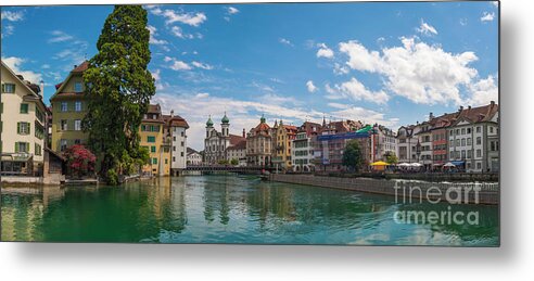 Panorama Metal Print featuring the photograph Panorama view of Lucerne, Switzerland and Reuss river by Dejan Jovanovic