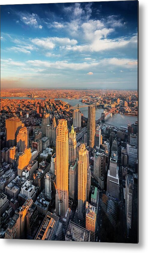 Estock Metal Print featuring the digital art Nyc, East River, Lower Manhattan, 1 World Trade Center, Freedom Tower, View From The Freedom Tower Observatory Deck, 1 World Observatory, Beekman Tower, Chase Manhattan, Trump Building, Brooklyn & Manhattan Bridges by Antonino Bartuccio