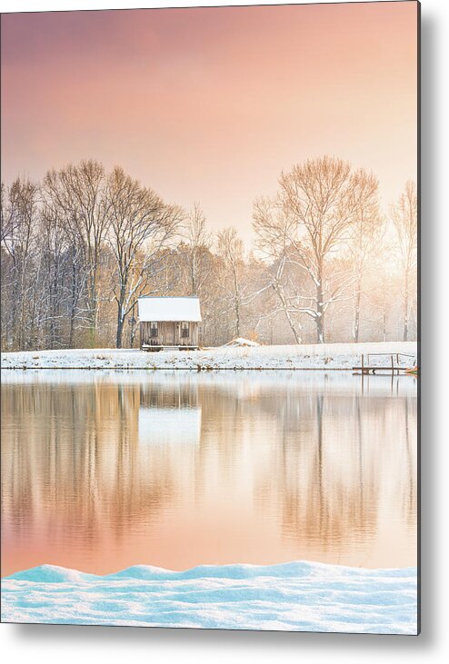 Shack Metal Print featuring the photograph Cabin By The Lake In Winter by Jordan Hill
