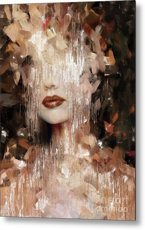 Abstract.womanportraitbrowncoppergoldfantasypaintingfierceimpressionism Metal Print featuring the painting Fierce by Jacky Gerritsen