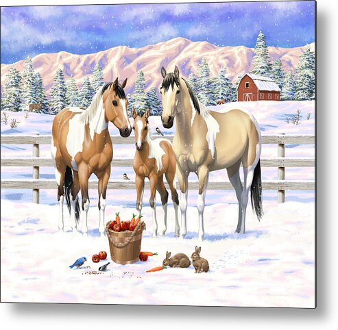Horses Metal Print featuring the painting Buckskin Paint Horses In Snow by Crista Forest