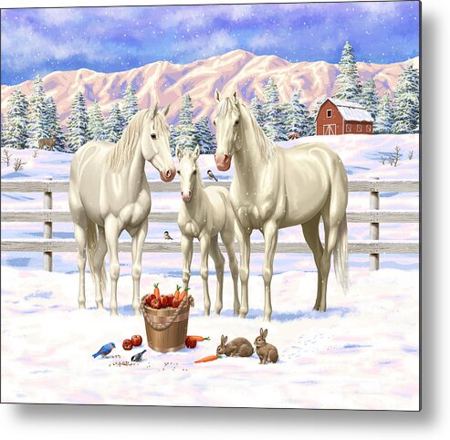 Horses Metal Print featuring the painting White Quarter Horses In Snow by Crista Forest