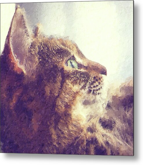 Tabby Metal Print featuring the painting Happy tabby cat basking in the sun by Custom Pet Portrait Art Studio