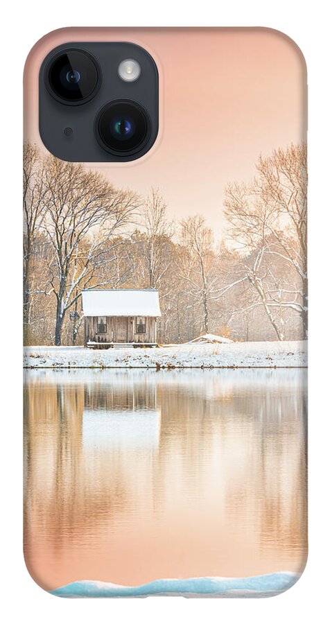 Shack iPhone 14 Case featuring the photograph Cabin By The Lake In Winter by Jordan Hill