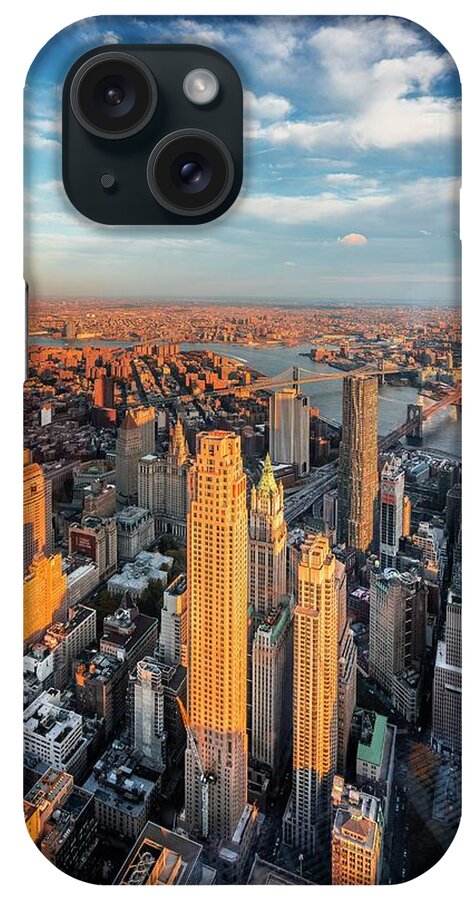 Estock iPhone Case featuring the digital art Nyc, East River, Lower Manhattan, 1 World Trade Center, Freedom Tower, View From The Freedom Tower Observatory Deck, 1 World Observatory, Beekman Tower, Chase Manhattan, Trump Building, Brooklyn & Manhattan Bridges by Antonino Bartuccio