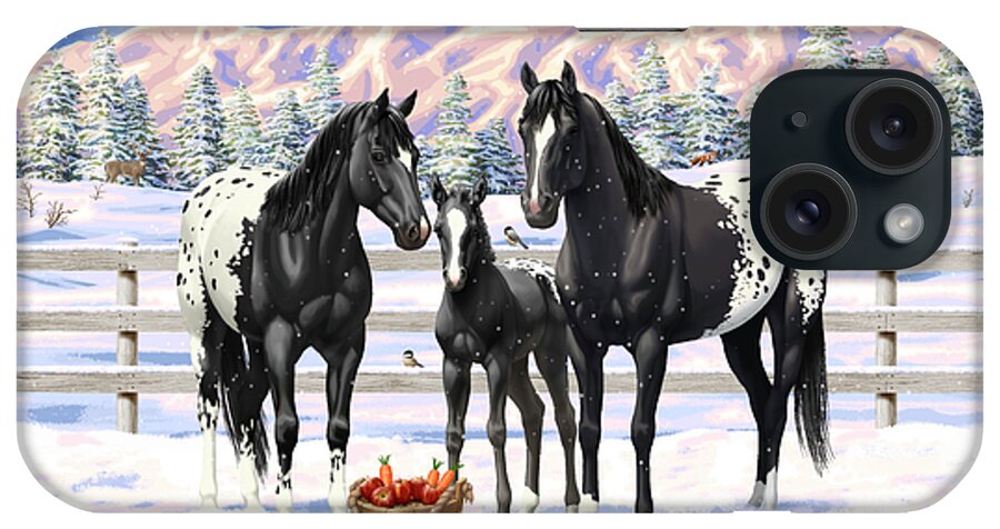 Horses iPhone Case featuring the painting Black Appaloosa Horses In Snow by Crista Forest