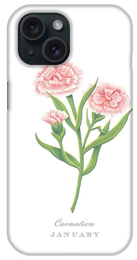 Carnation iPhone Case featuring the painting Carnation January Birth Month Flower Botanical Print on White - Art by Jen Montgomery by Jen Montgomery