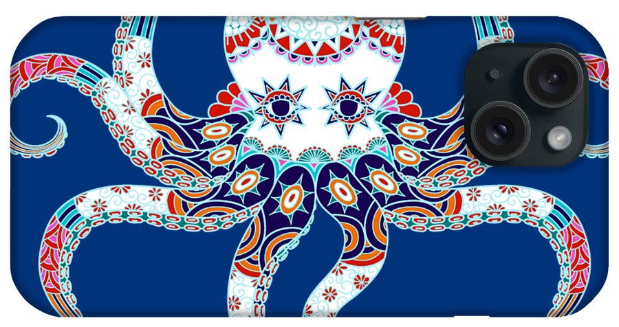 Octopus iPhone Case featuring the painting Rubino Zen Octopus Blue Red White by Tony Rubino