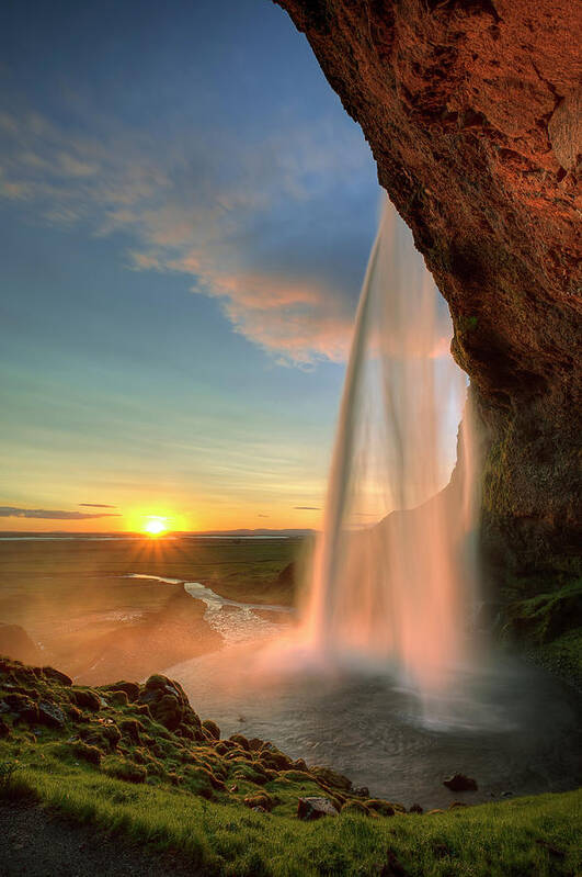 Landscape Poster featuring the photograph Sunset at Seljalandsfoss by Peter OReilly