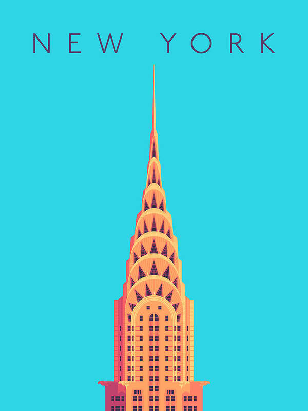 Chrysler Poster featuring the digital art Chrysler Building Minimal - Text Cyan by Organic Synthesis