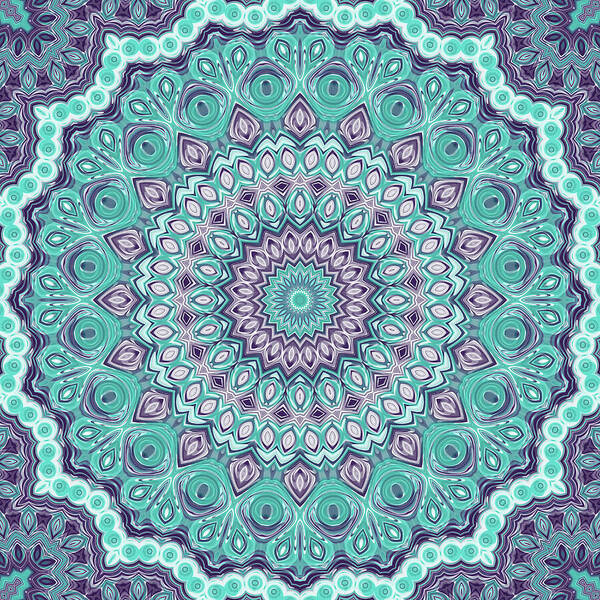 Blue Poster featuring the digital art Blue and Purple Mandala Kaleidoscope Medallion Flower by Mercury McCutcheon