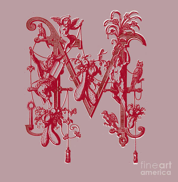 Letter M Poster featuring the mixed media alphabet, monogram initials, vignette letter M ornamental letter M stylized letter M ornament M #2 by Elena Gantchikova