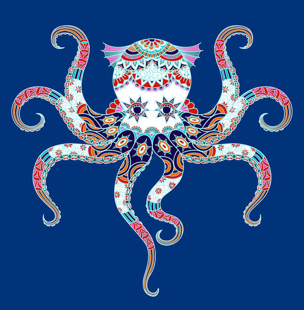 Octopus Art Print featuring the painting Rubino Zen Octopus Blue Red White by Tony Rubino