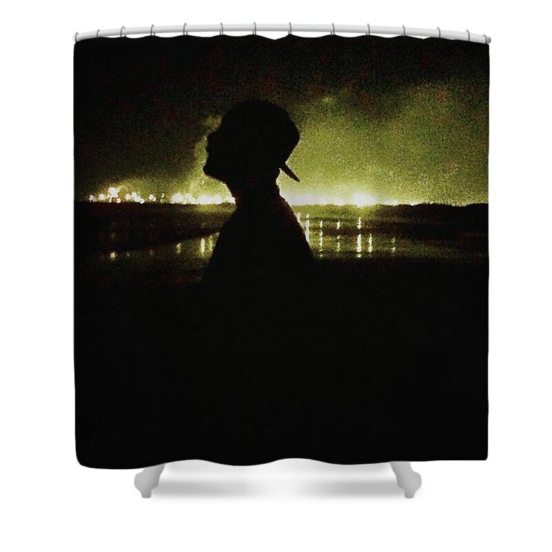Art Shower Curtain featuring the photograph A Figure Before Flames. #seatoncarew by Michael Comerford