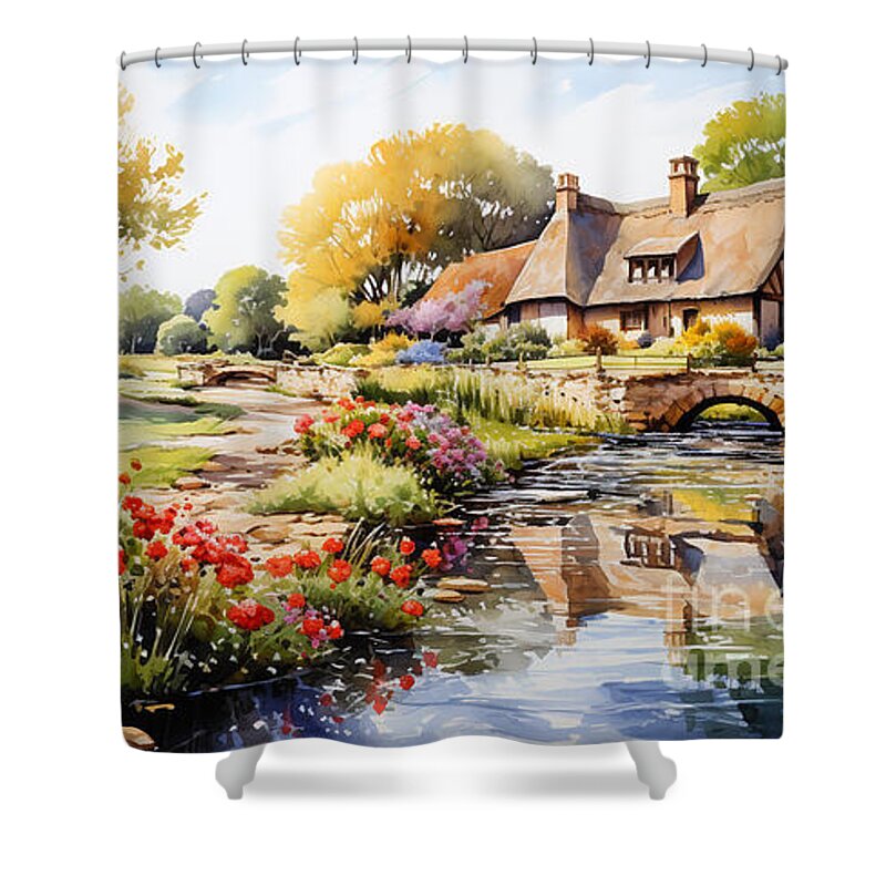 Cottage Shower Curtain featuring the painting 4d watercolour sketch of a thatched Cotswolds by Asar Studios #1 by Celestial Images