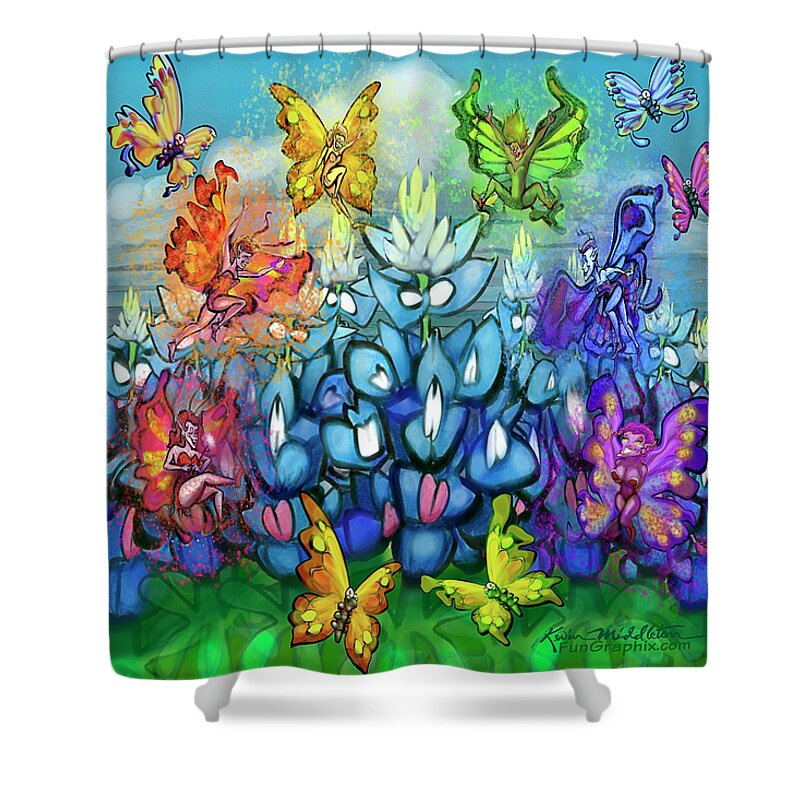 Bluebonnet Shower Curtain featuring the digital art Bluebonnet Scene w Pixies by Kevin Middleton