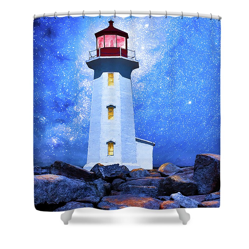 Peggy's Cove Lighthouse Shower Curtain featuring the mixed media Peggy's Cove Lighthouse - Nova Scotia - Night Sky by Mark Tisdale