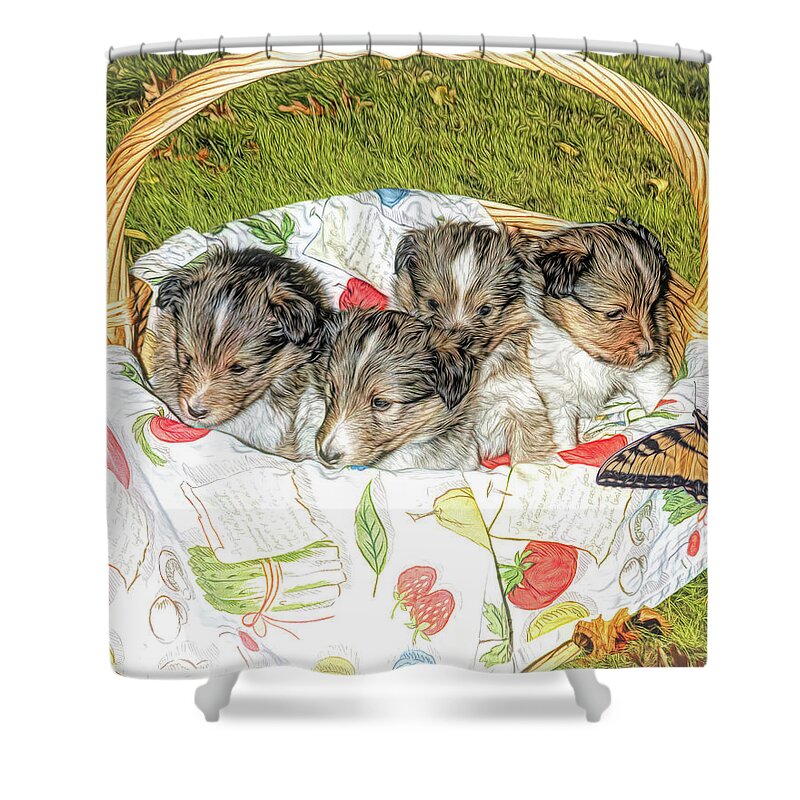 Pup Shower Curtain featuring the digital art First Time Outside by Dennis Lundell