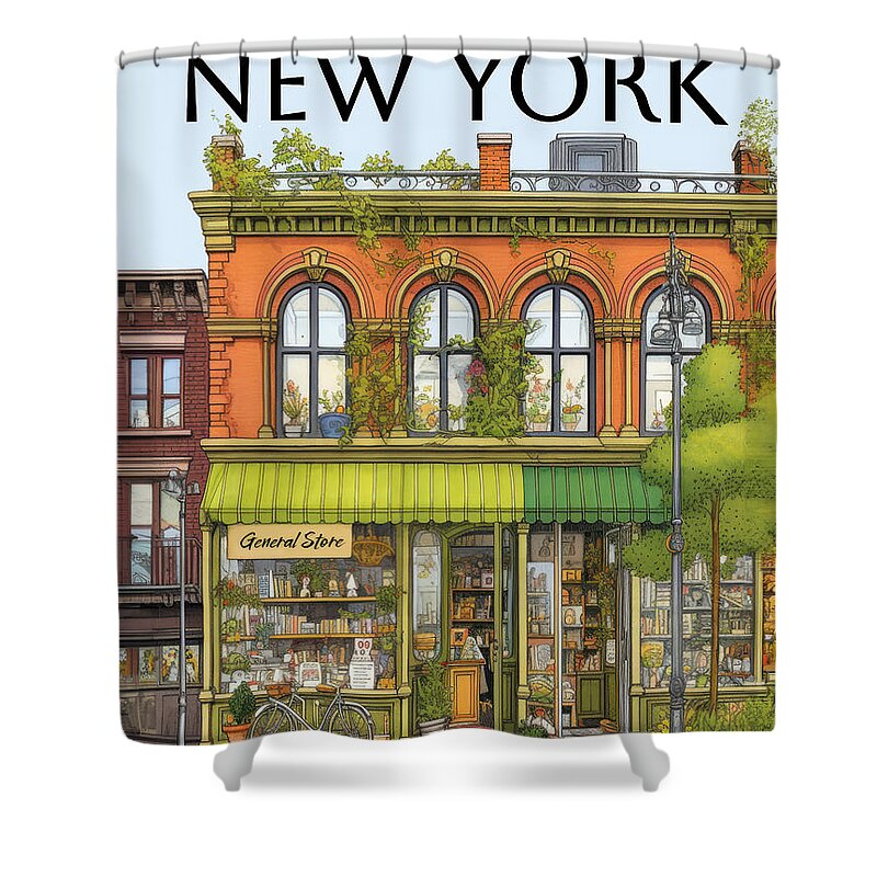 New Yorker Magazine Shower Curtain featuring the painting General Store by Land of Dreams