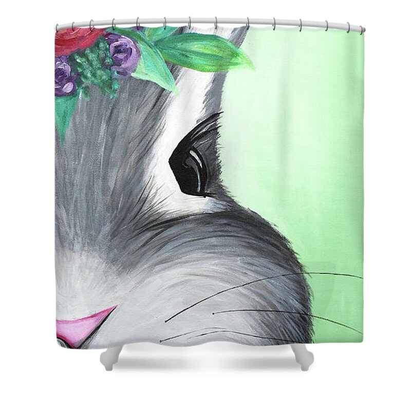 Easter Shower Curtain featuring the painting Grey Easter Bunny with Flowers by Ashley Lane