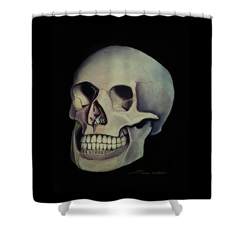 Copyright 2015 James Christopher Hill Shower Curtain featuring the painting Medical Skull by James Hill