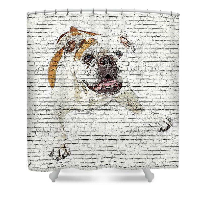 Bulldog Shower Curtain featuring the painting So Awkwardly Cute, Bulldog - Brick Block Background by Custom Pet Portrait Art Studio