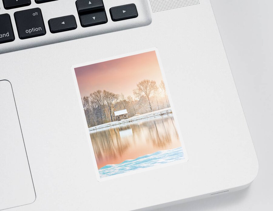 Shack Sticker featuring the photograph Cabin By The Lake In Winter by Jordan Hill