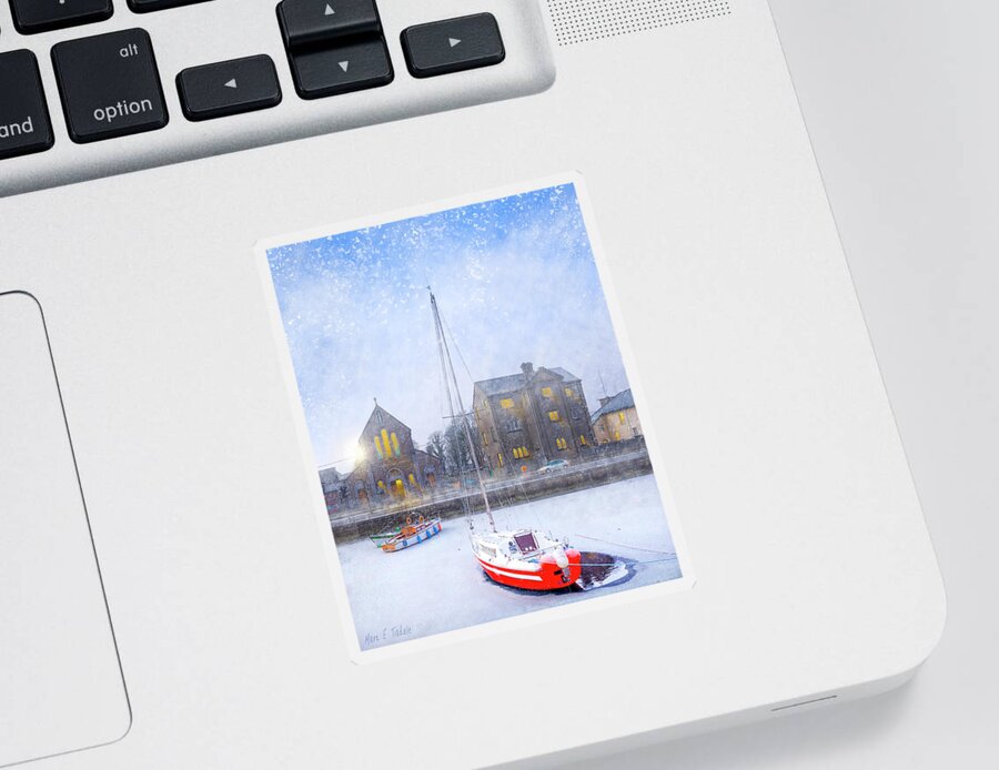 Galway Sticker featuring the photograph Snow Falling On The Claddagh Church - Galway by Mark E Tisdale