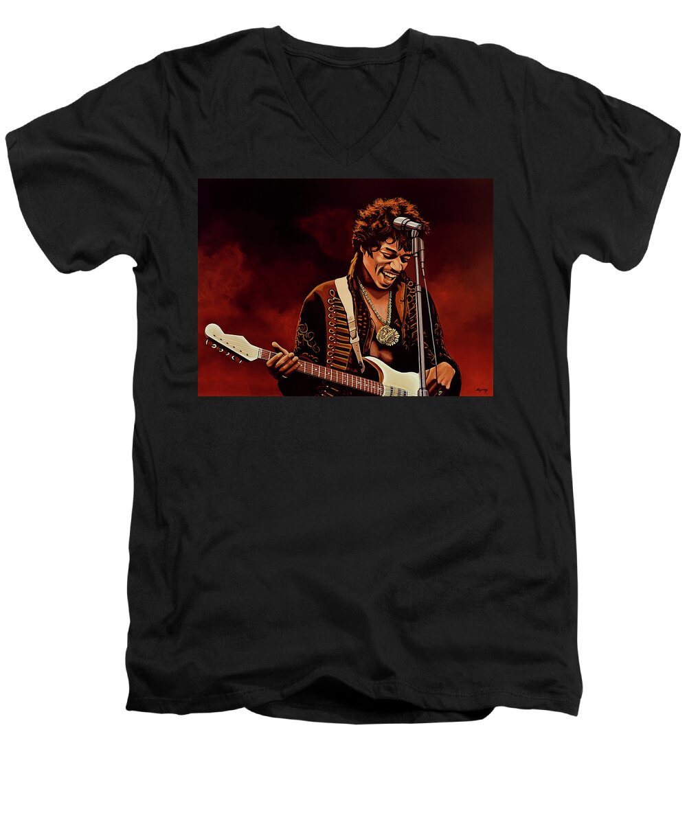 Jimi Hendrix Men's V-Neck T-Shirt featuring the painting Jimi Hendrix Painting by Paul Meijering